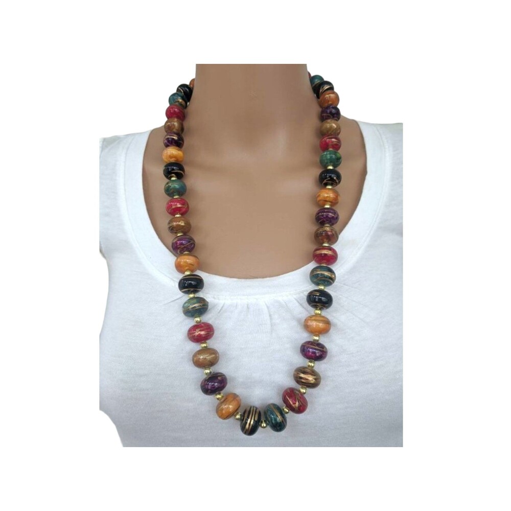 80s Colorful Bead Necklace Multicolor Gold Paint Costume Jewelry Fashion Vintage